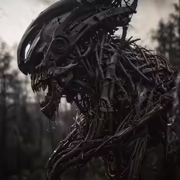 an image of a metal creature in the woods