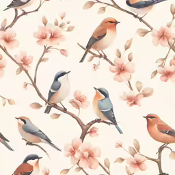 a flock of birds sitting on top of branches