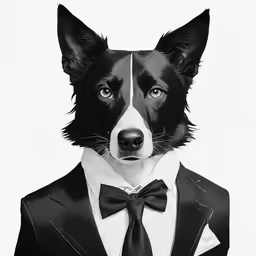 dog in black and white suit wearing a bow tie