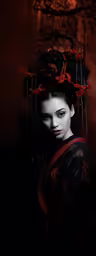 an asian woman wearing makeup and a head dress