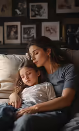a mother and child cuddle while on the couch