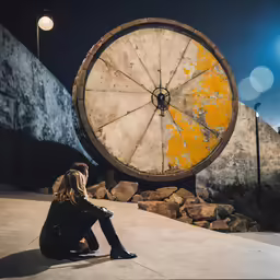 woman sitting on cement pavement next to large round object