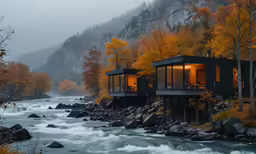 a river next to two cabins on top of a mountain