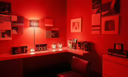 red room with white and black decorations on shelves and walls