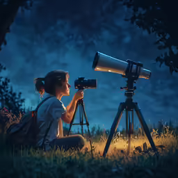 a girl is looking through a telescope at the sky