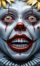 a scary clown with yellow leaves in the hair