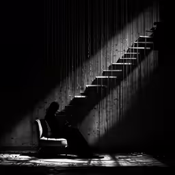 a black and white image of a man sitting on an armchair