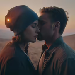 two people kissing and wearing beanies in the field