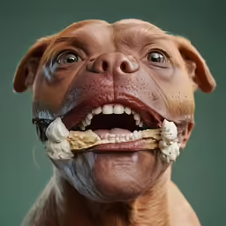 a dog has a fake bone in his mouth