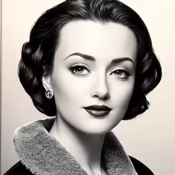 a woman with very large black eyes and a coat