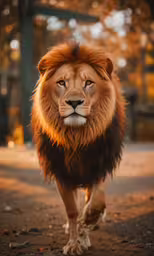 a very big hairy lion walking on the street