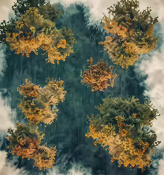 the rain falls behind trees with green leaves