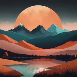 a sunset view of snow covered mountains, lake and forest,a landscape with a mountain range, lake and treeline is shown in the middle