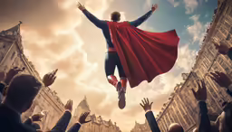man of steel is flying through the air while surrounded by buildings