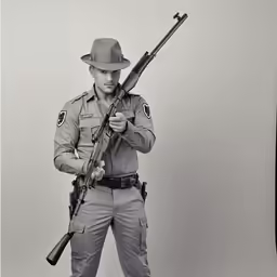 the man is holding a rifle and posing for a photo
