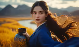 a woman with long brown hair holding a bottle