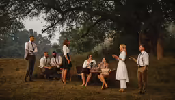 a group of people are standing and sitting outside