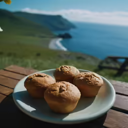 five muffins are on a plate on a wooden table