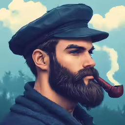 a man with a pipe in his mouth wearing a baseball cap