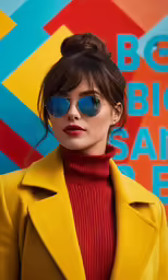 the woman in the red top and yellow jacket wears sunglasses