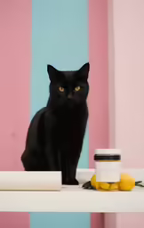 a black cat sits on top of a shelf near some pills