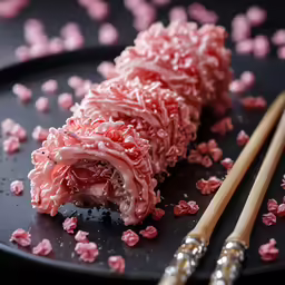 a close up of pink cake on a black plate with chopsticks