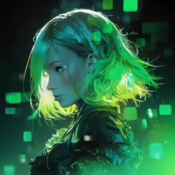 a female cyber character wearing neon green