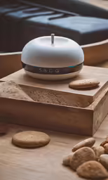 a wooden board with some rocks and cookie