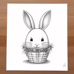 a white rabbit with a black bow in a basket,a pencil drawing of a rabbit in a basket