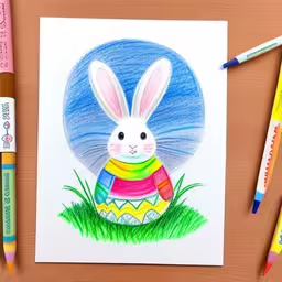 an image of a bunny sitting in a easter egg,an easy easter card with watercolors and crayons