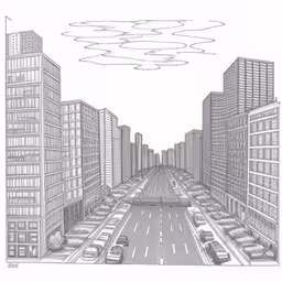 an image of a drawing of a city scene,a drawing of a long city street with many cars and buildings,an image of a city scene with buildings,drawing the city from different angles,a drawing of a long city street filled with tall buildings