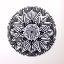 a circle with many different shapes inside,the drawing has been altered with different patterns