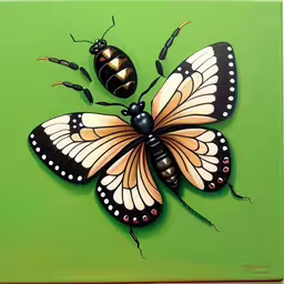 a green canvas with two yellow and black butterflies,a painting of some butterflies on a green background