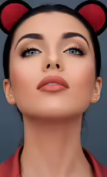 a woman wearing ears and lipstick looks upward