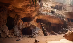 a cave with some rocks and plants hanging down
