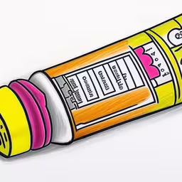 a drawing of a tube of liquid next to scissors,a drawing of a jar of yellow and pink glue,a cartoon drawing of an empty yellow bottle with a pink cap on it,a paper toy that is in some sort of box,a pencil drawing of a bottle of vitamin pill