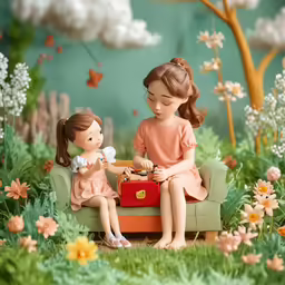 two little girls are sitting next to each other in a field