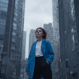 a woman in a blue jacket standing by the corner of a street