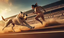 the woman is running behind the dog with an interesting smile