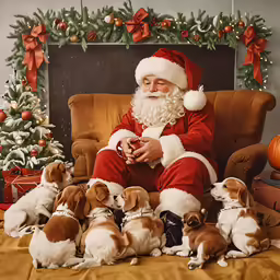 a person sitting in a chair with dog puppies