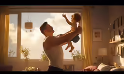 a man holding a child is posing for the camera
