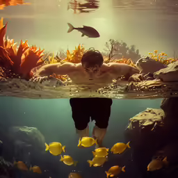 a man swims in the water with a bunch of small yellow fish