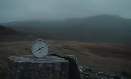 a clock on top of a boulder out in the rain