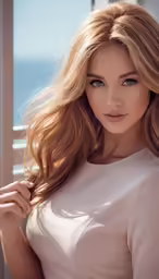 the blonde model with a slight make - up poses for the camera