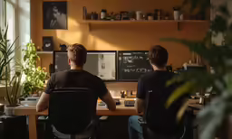 two men in black shirts at desk with computer and monitor