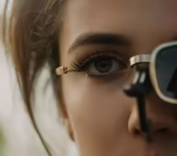 a woman is looking through her sunglasses to see the reflection of her eyes