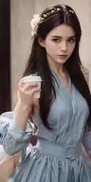 a young girl in a dress and flower headband holding a cup
