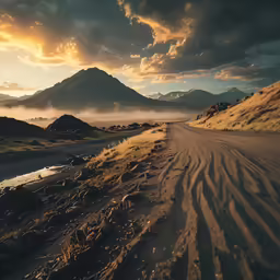 a dirt road near a lake at sunset