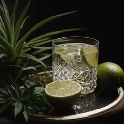 a tray with a couple of limes next to a glass
