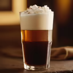a beer sitting on a bar in a glass